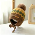 Children's knitted winter hat in mustard, olive and brown with earflaps, tie straps and a pom-pom - Baby 1-3 Years Elastic / Diamond Yellow