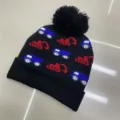 Black children's knit beanie with folded cuff, pom-pom and colorful jacquard construction vehicles - One Size (3-8 Years) / Vehicle Black