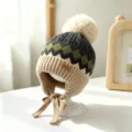 Children's knitted earflap hat in charcoal gray, green and beige, with pom-pom and ties - Baby 1-3 Years Elastic / Diamond Dark Gray