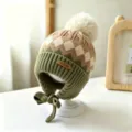 Children’s knit winter hat with beige diamond pattern, olive ribbed brim, pompom and ties - Baby 1-3 Years Elastic / Diamond Khaki