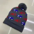 Children's gray knitted beanie with colorful construction vehicle pattern, folded cuff and pom-pom - One Size (3-8 Years) / Vehicle Gray