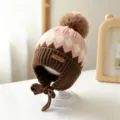 Children's knitted winter hat with pompom, earflaps and ties in pink, cream and brown - Baby 1-3 Years Elastic / Diamond Pink