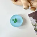 Detail van een rond, doorschijnend blauw harsstuk met een bewaarde groene klaver met vier blaadjes - Glitter Lichtblauw