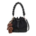 Black bucket bag with quilted suede panels, braided handle, gold hardware and teddy bear charm - No Pendant / Black