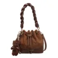 Brown suede bucket bag with quilted panels, drawstring closure, braided handle and bear charm - No Pendant / Brown