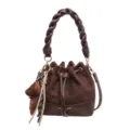 Brown bucket handbag with quilted suede-look body, braided handle, drawstring and bear charm - No Pendant / Coffee