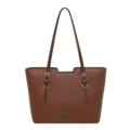 Front view highlighting the pebbled brown faux leather texture, gold-tone buckles and long straps - No Pendant / Brown