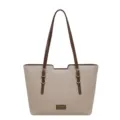 Beige pebbled tote with dark brown straps, gold buckles and a front plaque on a white background - No Pendant / Khaki