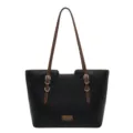 Black pebbled faux-leather tote bag with brown shoulder straps and gold-tone hardware, front view - No Pendant / Black