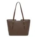 Brown faux-leather tote bag with pebbled texture, double handles and gold-tone buckle details - No Pendant / Coffee