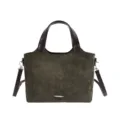 Olijfgroene suède-look tas met bruine leren handgrepen, schouderriem en zilverkleurige details - Zonder hanger / Groen