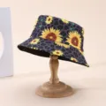 Purple leopard-print bucket hat with yellow sunflower motifs, displayed on a wooden stand - M (56-58cm) / Purple Leopard Sunflower Style (11)