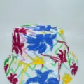 Close-up of white hat fabric with vivid palm tree silhouettes and multicolored zigzag prints - M (56-58cm) / White Base Colorful Print Style (22)