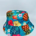Turquoise tropical print with pineapples and hibiscus flowers across a wide-brim bucket hat - M (56-58cm) / Blue-Green Tropical Print Style (32)