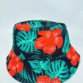 Dark fabric shows tropical teal leaves and vivid red flowers on the crown and stitched brim - M (56-58cm) / Dark Tropical Print Style (35)