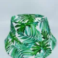 White bucket hat with layered tropical green leaf print and stitched brim, displayed on gray - M (56-58cm) / White Base Green Leaf Print Style (38)