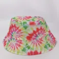 Multicolor tie-dye bucket hat displayed on white, with parallel stitched lines around the brim - M (56-58cm) / Red and Green Tie-dye Style (1)