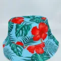 Reversible bucket hat with a blue base, green tropical leaves and vivid red hibiscus flowers - M (56-58cm) / Blue Base Red Flower Green Leaf Style (36)
