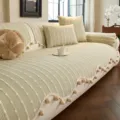 Pale green chenille sofa cover with woven dotted stripes and decorative pom-pom fringe - Dotted Texture (Dianxu) / 70x70cm / Green