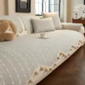 Light gray chenille sofa cover with ivory dot-patterned fabric and beige pom-pom fringe - Dotted Texture (Dianxu) / 70x70cm / Light Blue