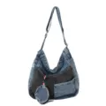 Blue denim shoulder bag with black patchwork, distressed details, adjustable strap and coin pouch - Light Blue