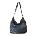 Patchwork denim shoulder bag in dark blue and black, with a round coin purse charm - Gray