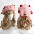 Pink felt beret with red cherry and green leaf decorations, shown from front and back - M (56-58cm) / Red Cherry Pink Hat