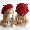 Red wool beret with cherry and green leaf decorations, shown from front and back on a blonde wig - M (56-58cm) / Red Cherry Wine Red Hat