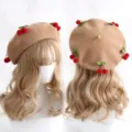 Beige wool beret with red cherry and green leaf appliqués, shown from front and back - M (56-58cm) / Red Cherry Camel Hat