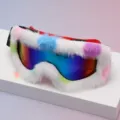 Colorful mirrored ski goggles with a red frame and white faux-fur trim accented in bright hues - Red Frame Colorful Dots