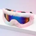 Close-up of pink and white plush trim surrounding a reflective blue rainbow lens and printed strap - Pink Double Layer Plush