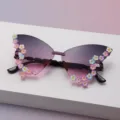 Nahaufnahme violett verlaufender Schmetterlingsgläser mit bunten Blumenverzierungen am Rand - Schmetterlingsrahmen (Erwachsene Schmetterling) / Verlauf Grau Rosa