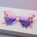 Close-up of pink-purple gradient lenses, clear chain bridge and colorful glitter flower details - Pink to Blue Gradient