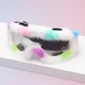 Close-up of white goggles with fluffy trim in pink, teal, purple and blue, shown at an angle - White Frame Colorful Plush Dots