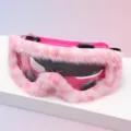 Close-up of pink goggles with fluffy pink-and-white trim, clear lenses and adjustable black clips - Pink Frame Pink White Gradient Plush