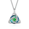 Silver Celtic knotwork surrounds a green center stone and blue-green crystals in the pendant - Square Pearl Chain / May Green