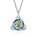 Close-up of silver Celtic knot pendant with a lime-green center gem and blue-green stones - Square Pearl Chain / August Grass Green