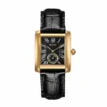 Schwarzes Zifferblatt und goldenes Lederarmband