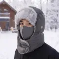 Gray winter trapper hat with faux-fur ear flaps, integrated face mask and neck warmer - Gray
