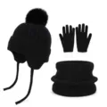 Zwarte gebreide winterset voor kinderen met muts met pompon en oorflappen, handschoenen en colsjaal - 3-delige set / Zwart
