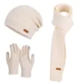 Ensemble d’hiver en maille ivoire avec bonnet ample, longue écharpe et gants tactiles à bouts gris - Ensemble trois pièces / Beige