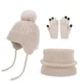 Beige knitted winter set with pom-pom earflap hat, touchscreen gloves, and matching neck warmer - Three-Piece Set / Beige