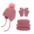 Pink children's winter knit set with pom-pom earflap hat, touch-screen gloves and neck warmer - Three-Piece Set / Rose Red