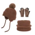 Brown knit winter set with pom-pom earflap hat, touchscreen gloves and ribbed neck warmer - Three-Piece Set / Coffee