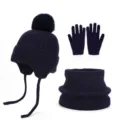 Dark navy knitted winter set with pom-pom earflap hat, touchscreen gloves and neck warmer - Three-Piece Set / Navy Blue