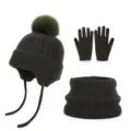 Donker olijfgroene gebreide winterset met muts met pompon, touchscreenhandschoenen en geribde col - 3-delige set / Legergroen