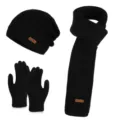 Ensemble d’hiver noir en maille avec bonnet, écharpe et gants, ornés d’étiquettes en cuir brun - Ensemble trois pièces / Noir