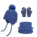 Blauwe kinderwinterset van breiwerk met pomponmuts, touchscreenhandschoenen en colsjaal - 3-delige set / Blauw