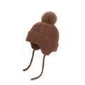 Bruine gebreide wintermuts voor kinderen met oorflappen, kabelpatroon, pompon en strikbandjes - Alleen Muts / koffiekleur