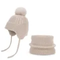 Beige gebreide winterset voor kinderen met muts met pompon en oorflappen en bijpassende colsjaal - 2-delige set / Beige